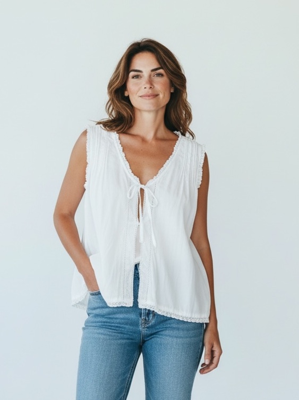 Aritzia Little Moon Cream Lace-Trim Tie-Front Chemise